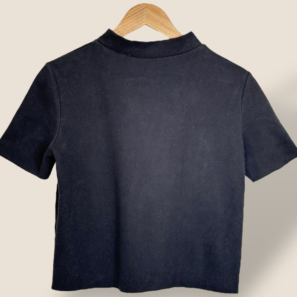 Zara Black High Neck Short Sleeve T-Shirt Size Medium Ribbed Knit Tee Super Soft - Picture 3 of 5